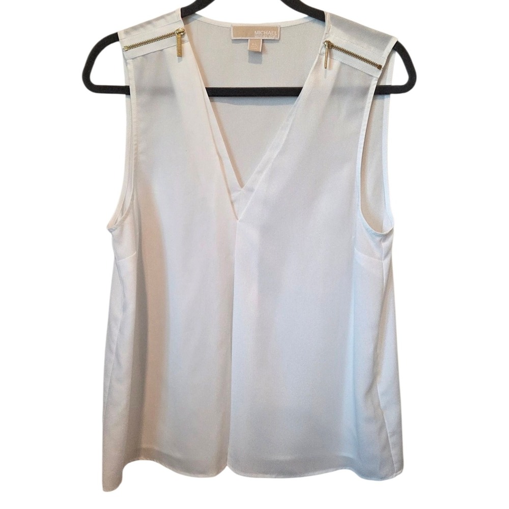 Michael Kors White Sleeveless V-Neck Top with Shoulder Zipper Detail - Picture 8 of 9